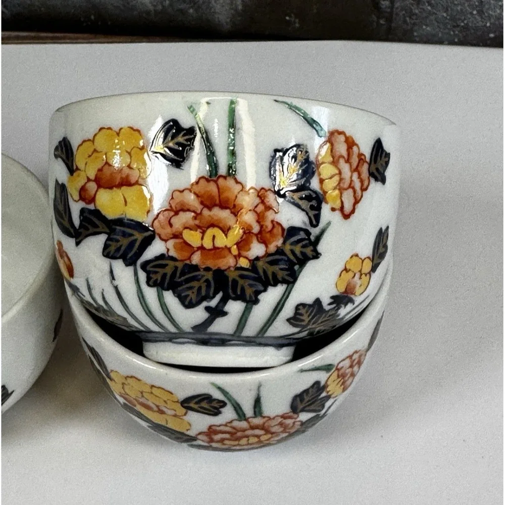 Japanese Tea Cups Sake Set of 3 Vintage Floral Orange Yellow‎ Gold Asian